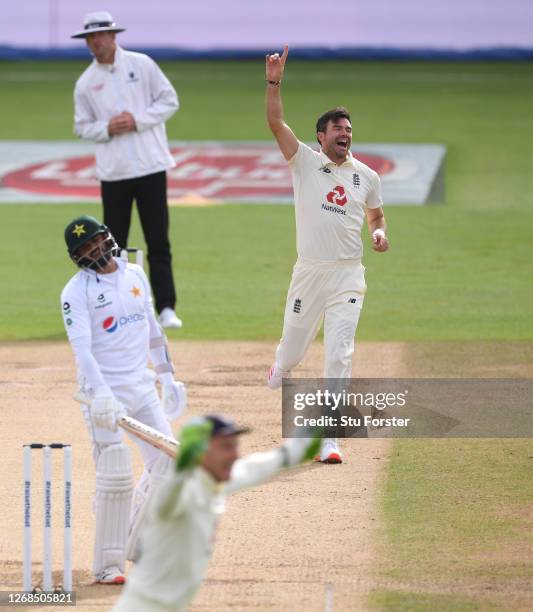 James Anderson of England celebrates after taking the wicket of Azhar Ali of Pakistan to reach 600 Test Match Wickets during Day Five of the 3rd...
