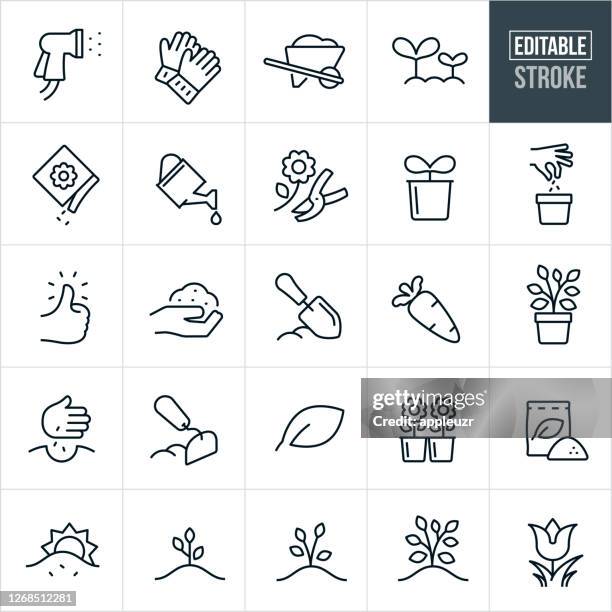 ilustraciones, imágenes clip art, dibujos animados e iconos de stock de iconos de línea delgada de jardinería - trazo editable - huerta