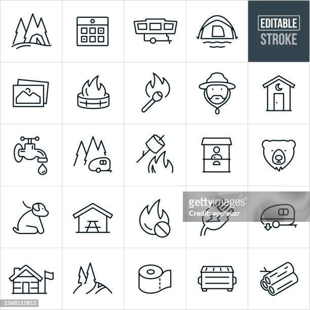 illustrations, cliparts, dessins animés et icônes de icônes de ligne mince de camping - course modifiable - bois de chauffage