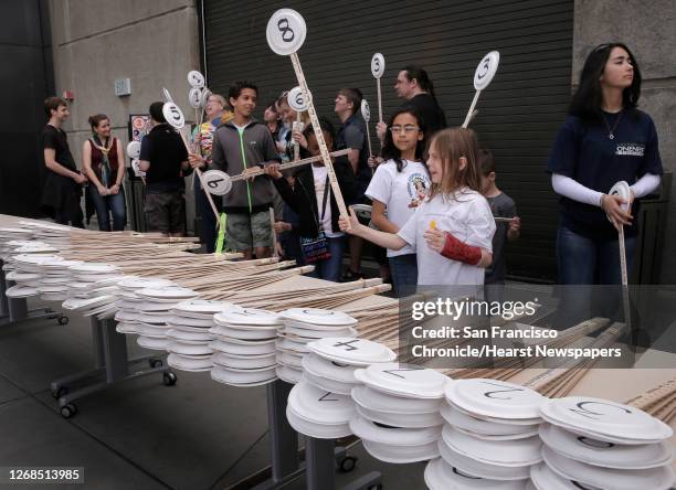 Chase Billington, 7 of Chico with her number 8 as Alina Jaffarove, 9 of Los Gatos watches as they wait for the parade to begin, during a celebration...