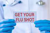 Get Your Flu Shot card in hands of Medical Doctor. Medical and health care concept.