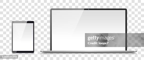 modern laptop and digital tablet - using ipad white background stock illustrations