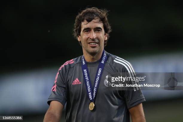 Raul Gonzalez Blanco Head coach of Real Madrid smiles following the UEFA Youth League Final 2019/20 between SL Benfica and Real Madrid CF at August...