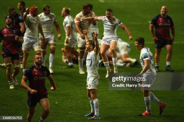 Gareth Steenson of Exeter Chiefs celebrates at the final whistle during the Gallagher Premiership Rugby match between Bristol Bears and Exeter Chiefs...