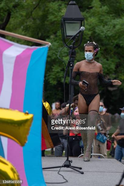 Activist Joel Rivera speaks at the Rally Held On Birthday Of Trans Activist Marsha P. Johnson in Washington Square Park on August 24, 2020 in New...