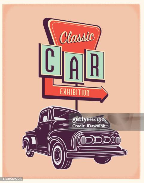 retro truck with vintage classic car exhibition sign poster design - classic car show stock illustrations