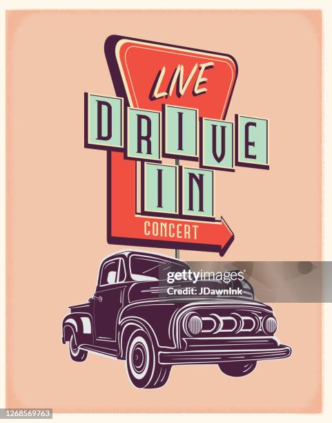 retro truck with live drive in concert sign poster design - drive in movie theater stock illustrations