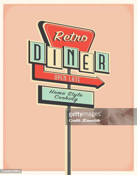 illustrazioni stock, clip art, cartoni animati e icone di tendenza di design del poster del cartello stradale retro diner - vintage restaurant