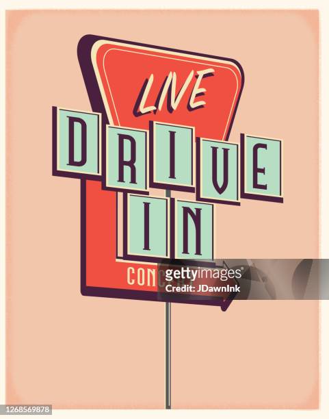 live drive in concert sign poster design - drive in movie theater stock illustrations