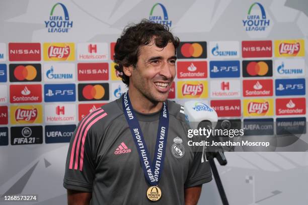 Delighted Raul Gonzalez Blanco head coach of Real Madrid pictured as he interviewed after following the UEFA Youth League Final 2019/20 between SL...