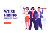 We're hiring banner design. Office workers looking for a new employee. Job offer. Join our team poster. Vacancy banner template. Recruitment process. HR team vector illustration.