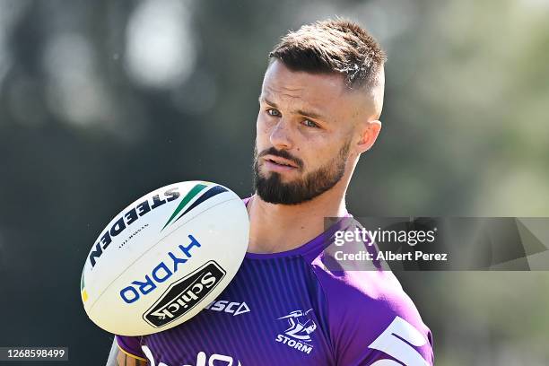 Sandor Earl is seen during a Melbourne Storm NRL training session at Sunshine Coast Stadium on August 26, 2020 in Sunshine Coast, Australia.