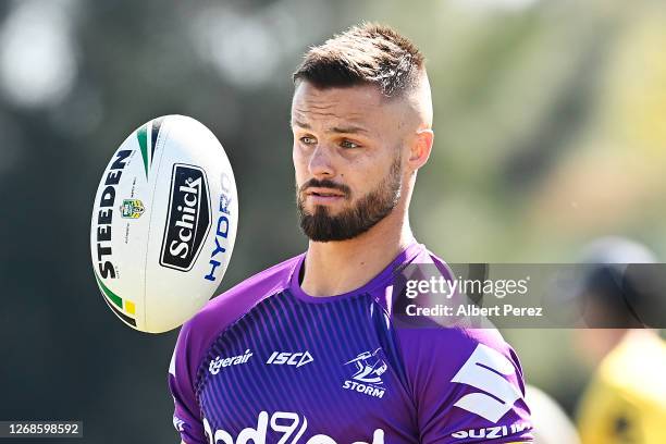 Sandor Earl is seen during a Melbourne Storm NRL training session at Sunshine Coast Stadium on August 26, 2020 in Sunshine Coast, Australia.