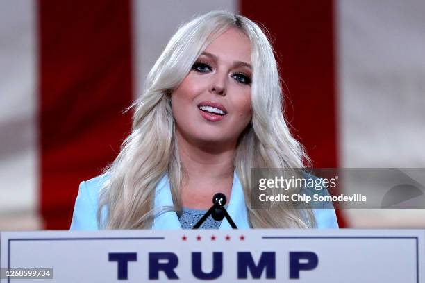 Tiffany Trump, daughter of President Donald Trump, pre-records her address to the Republican National Convention inside an empty Mellon Auditorium on...
