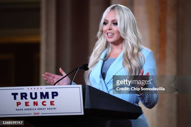 Tiffany Trump, daughter of President Donald Trump, pre-records her address to the Republican National Convention inside an empty Mellon Auditorium on...