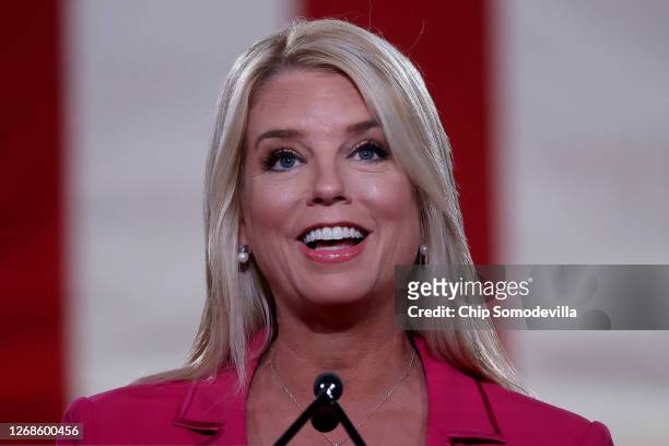 Former Florida Attorney General Pam Bondi address the Republican National Convention from inside an empty Mellon Auditorium on August 25, 2020 in...