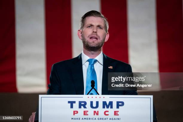 Eric Trump, son of U.S. President Donald Trump, pre-records his address to the Republican National Convention at the Mellon Auditorium on August 25,...