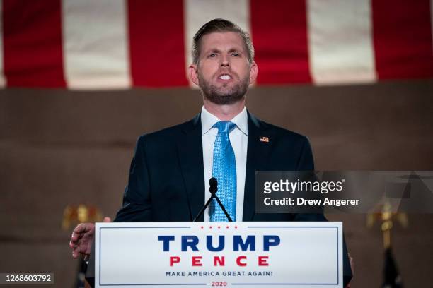 Eric Trump, son of U.S. President Donald Trump, pre-records his address to the Republican National Convention at the Mellon Auditorium on August 25,...