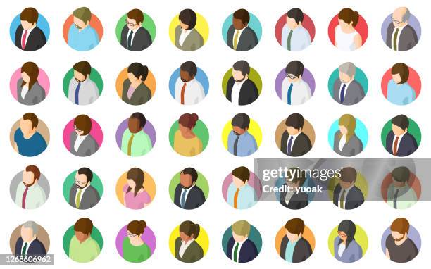 stockillustraties, clipart, cartoons en iconen met set van zakenmensen isometrische avatars - verduisterd gezicht