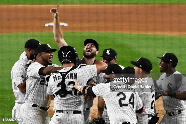 Lucas Giolito of the Chicago White Sox celebrates his no-hitter against the Pittsburgh Pirates on August 25, 2020 in Chicago, Illinois.