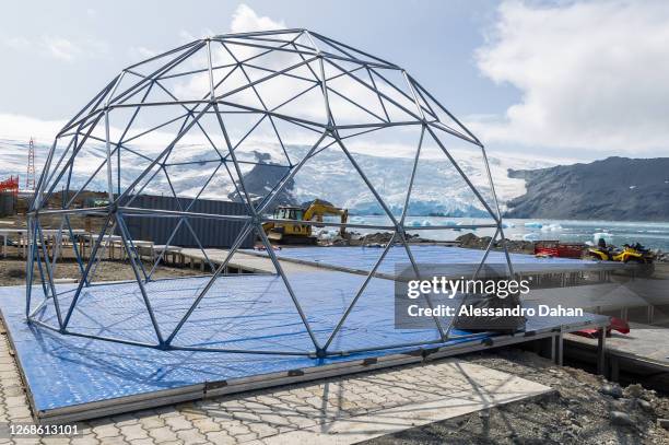 Dome structure of the stage set up for the opening ceremony of Comandante Ferraz Station with the Stenhouse and Ajax glaciers in the background on...