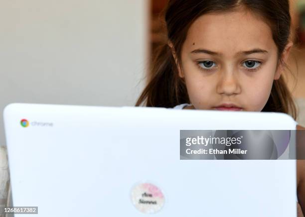 Goolsby Elementary School third grader Ava Dweck takes an online class at a friend's home during the first week of distance learning for the Clark...