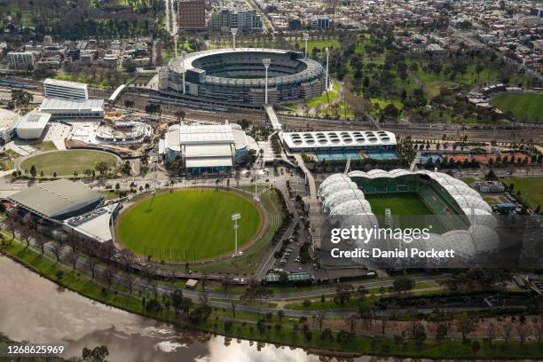 An aerial view over the Melbourne Park precinct on August 26, 2020 in Melbourne, Australia. Melbourne is in stage four lockdown for six weeks until...