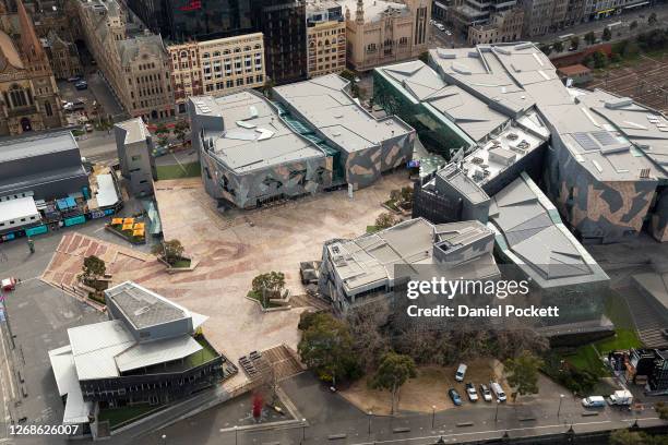 An aerial view of Federation Square on August 26, 2020 in Melbourne, Australia. Melbourne is in stage four lockdown for six weeks until September 13...