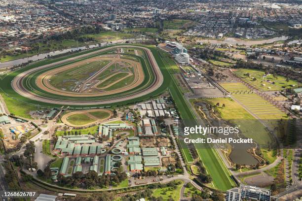 An aerial view of Flemington Racecourse on August 26, 2020 in Melbourne, Australia. Melbourne is in stage four lockdown for six weeks until September...