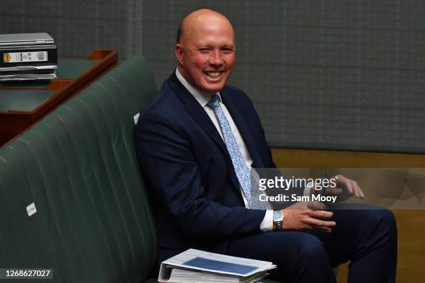 Minister for Home Affairs Peter Dutton reacts during Question Time in the House of Representatives at Parliament House on August 26, 2020 in...