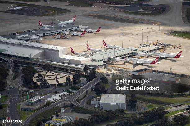 An aerial view of Melbourne Airport on August 26, 2020 in Melbourne, Australia. Melbourne is in stage four lockdown for six weeks until September 13...