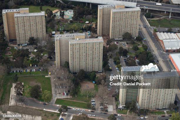 An aerial view of the public housing towers on Racecourse Road, North Melbourne, on August 26, 2020 in Melbourne, Australia. Melbourne is in stage...