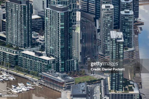 An aerial view of Docklands on August 26, 2020 in Melbourne, Australia. Melbourne is in stage four lockdown for six weeks until September 13 after...