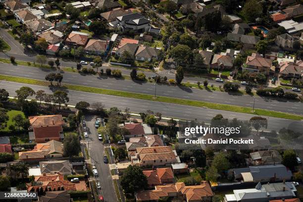 An aerial view of the Nepean Highway on August 26, 2020 in Melbourne, Australia. Melbourne is in stage four lockdown for six weeks until September 13...