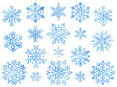 Watercolor style illustration icon set of snowflakes
