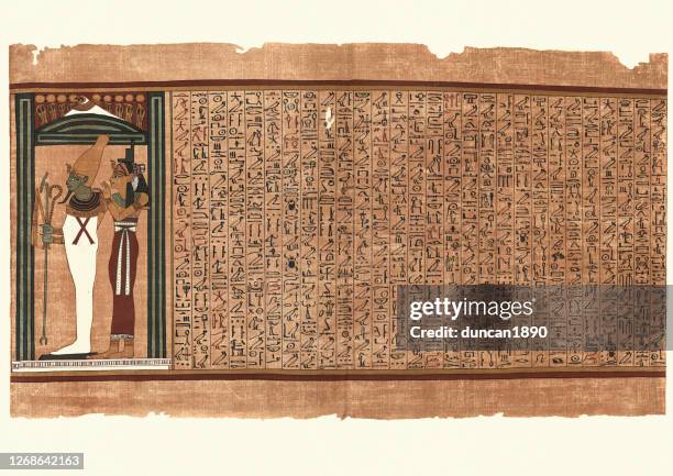 ancient egyptian papyrus, osiris, sceptre, flail and hook, isis, shrine - book of the dead stock illustrations