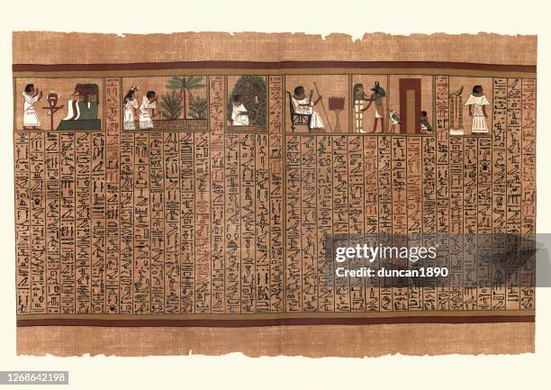 ancient egyptian papyrus, ani with his heart placed before him - book of the dead stock illustrations