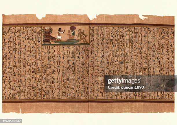 altägyptischer papyrus, ani in der sonnenrinde - egyptian symbols stock-grafiken, -clipart, -cartoons und -symbole