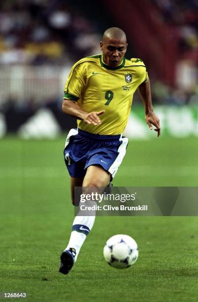 Ronaldo of Brazil on the ball during the World Cup second round match against Chile at the Parc des Princes in Paris. Ronaldo scored twice as Brazil...