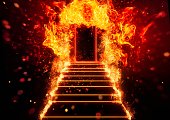 Stairs leading to an abstract door wrapped in flames