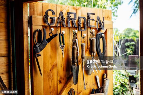inside of tidy wooden gardening shed with open door - shed stock pictures, royalty-free photos & images