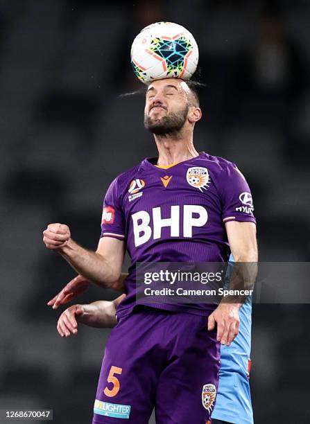 Ivan Franjic of the Glory heads the ball during the A-League Semi Final match between Sydney FC and the Perth Glory at Bankwest Stadium on August 26,...