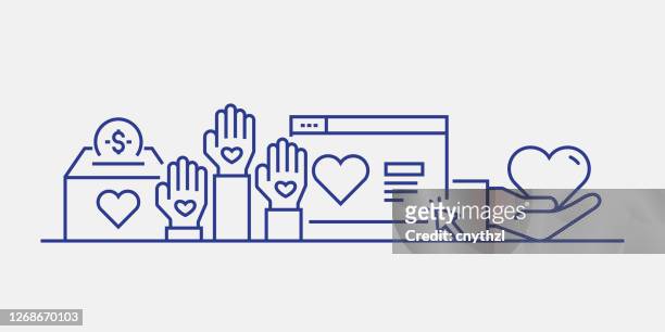 charity and donation related web banner line style. modern linear design vector illustration for web banner, website header etc. - sociology stock illustrations