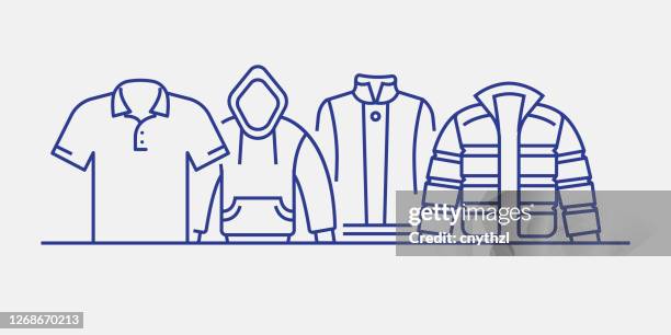 clothes related web banner line style. modern linear design vector illustration for web banner, website header etc. - jacket stock illustrations
