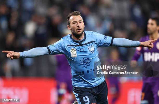 Adam Le Fondre of Sydney FC celebrates after scoring a goal during the A-League Semi Final match between Sydney FC and the Perth Glory at Bankwest...