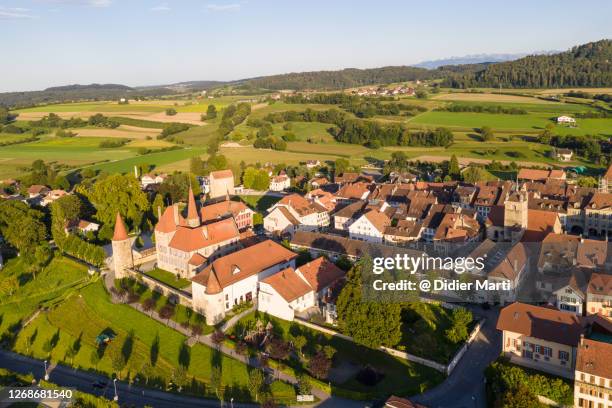 aerial view of the avenches medieval old town in canton vaud in switzerland - avenches location stock pictures, royalty-free photos & images