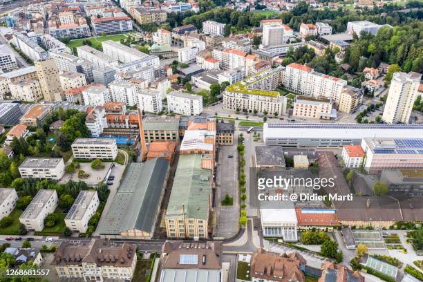 aerial view of the perolles residential district in fribourg, switzerland - freiburg skyline stock pictures, royalty-free photos & images