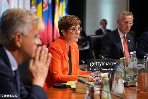 German Defence Minister Annegret-Kramp Karrenbauer speaks at a meeting of European Union member states defence ministers as NATO Secretary General...