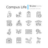 Campus life pixel perfect linear icons set