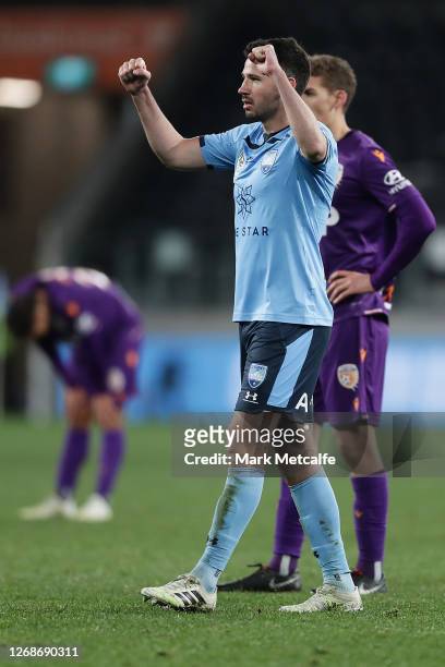 Ryan McGowan of Sydney FC celebrates victory during the A-League Semi Final match between Sydney FC and the Perth Glory at Bankwest Stadium on August...